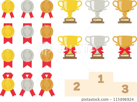 Winner cup and gold and silver medals vector illustration set 115896924