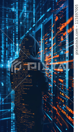 A cybersecurity hacker in a data center with a digital code overlay is depicted in the image A cybersecurity hacker in a data center with a digital code overlay is depicted in the image 115897005