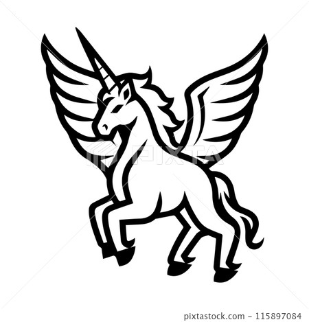 Pegasus icon or modern line symbol. Vector line art and icon design with bold outline. Black and white Pixel Perfect minimalistic symbol isolated white background. Silhouette simple thin sign Pegasus icon or modern line symbol. Vector line art and icon design with bold outline. Black and white Pixel Perfect minimalistic symbol isolated white background. Silhouette simple thin sign 115897084