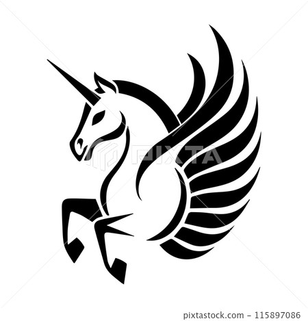 Pegasus icon or modern line symbol. Vector line art and icon design with bold outline. Black and white Pixel Perfect minimalistic symbol isolated white background. Silhouette simple thin sign 115897086