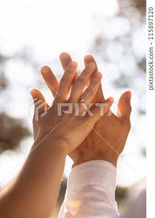 Close up loving couple hold hands showing engagement ring with diamond on ring finger on nature background. Newly married groom in white shirt and bride express their feeling. Wedding, Valentines day Close up loving couple hold hands showing engagement ring with diamond on ring finger on nature background. Newly married groom in white shirt and bride express their feeling. Wedding, Valentines day 115897120