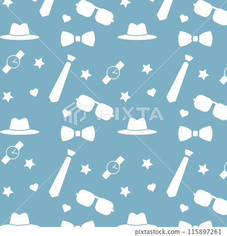 Classic blue pattern with hats, ties, watches, sunglasses, bow ties, perfect for fashion backgrounds. 115897261