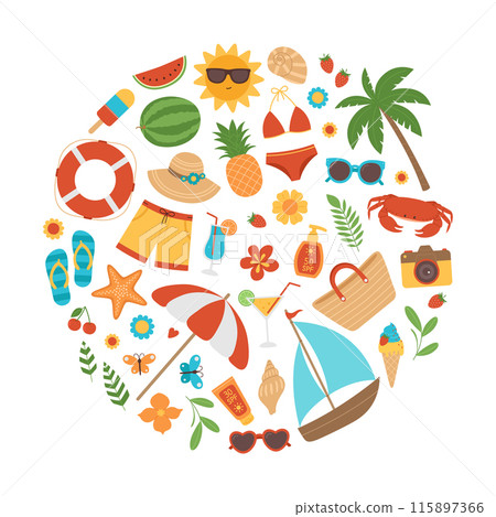 Colorful summer elements in circle shape. Beach collection with swimsuits, hat, sunglasses, palm, cocktails, fruits, ice cream and other stickers. Vector illustration with round composition 115897366