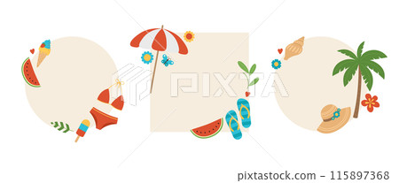 Set of frames with summer elements. Round and square frames with ice cream, swimsuit, watermelon, beach umbrella, flip flops, shell, hat, palm and flowers. Tropical text boxes 115897368