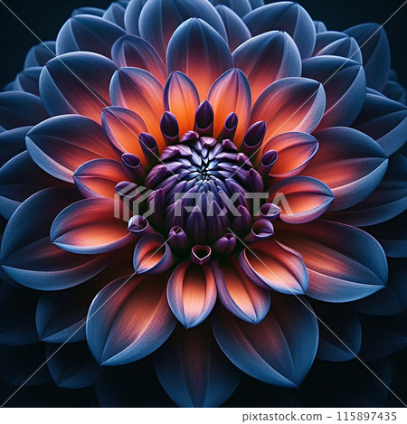 Vibrant dahlias, orange and blue hues, detailed, symmetrical, botanical beauty, artistry of nature, garden bloom, floral elegance. 115897435