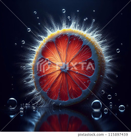 Vibrant orange slice submerged water dynamic ripples bubbles reflecting surface below embodying freshness vitality 115897439
