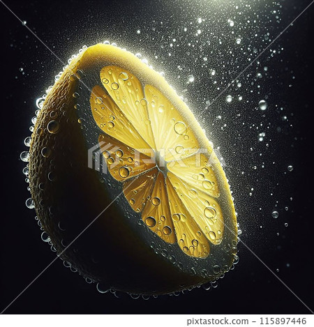 Macro shot of a fresh lemon slice with water droplets, highlighting the vibrant color, texture, and refreshing quality of the fruit Macro shot of a fresh lemon slice with water droplets, highlighting the vibrant color, texture, and refreshing quality of the fruit 115897446