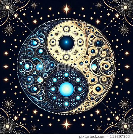 Spiritual yin-yang symbol cosmic balance intricate patterns starry night sky harmony tranquility duality philosophy meditation symmetry mandala 115897503