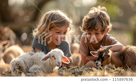 Children help out on the farm, feeding goats, lambs 115897636