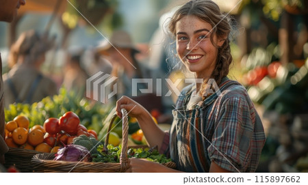 Young Woman Seller, Smiling And Holding Basket With Organic Products 115897662