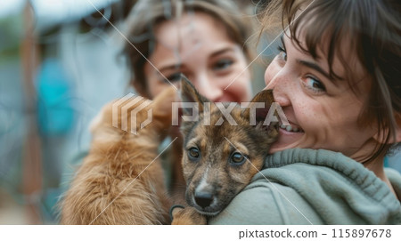 Friends chat with a playful puppy and a kitten from an animal shelter 115897678