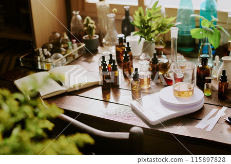 Wooden table with perfume samples essential oils kitchen scale, houseplant and cactus in clay and glass pots and blotters Wooden table with perfume samples essential oils kitchen scale, houseplant and cactus in clay and glass pots and blotters 115897828