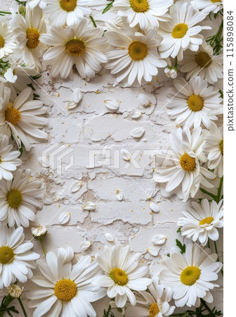 White chamomile flowers arranged in a frame around a distressed brick wall White chamomile flowers arranged in a frame around a distressed brick wall 115898084