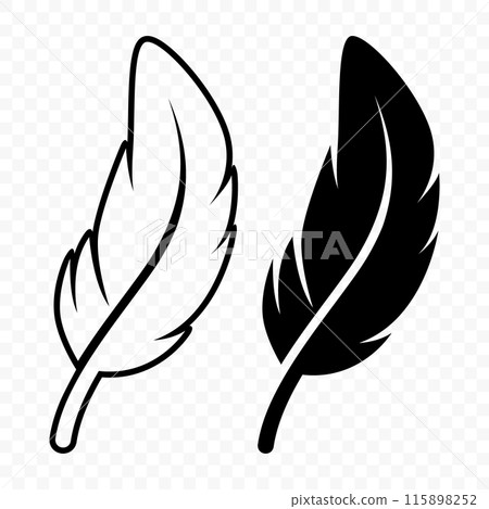 Vector Black and White Fluffy Feather Logo Icons. Silhouette Feather Set Closeup Isolated. Design Template of Flamingo, Angel, Bird Feather. Lightness and Freedom Concept 115898252