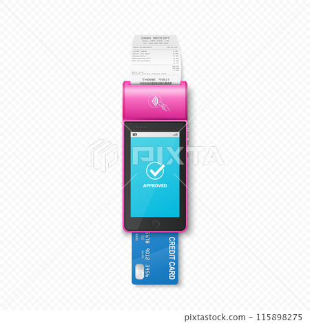 Vector 3D Realistic NFC Payment Terminal with Payment Receipt, Credit Card. Payment Machine - Approved Status. Design Template for Bank Payment Contactless Terminal. Mockup of a POS Terminal. Top View 115898275
