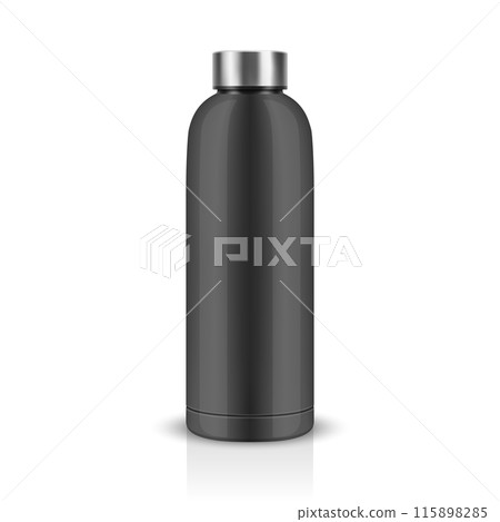 Vector Realistic 3D Black Blank Glossy Reusable Water Bottle with Silver Bung Closeup Isolated. Design Template of Packaging Mockup. Front View Vector Realistic 3D Black Blank Glossy Reusable Water Bottle with Silver Bung Closeup Isolated. Design Template of Packaging Mockup. Front View 115898285