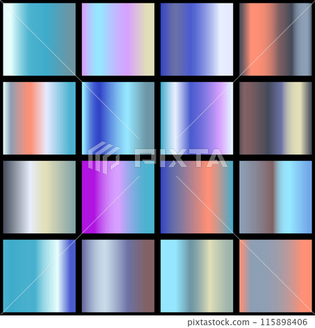 Metalic gradient collection with shiny rainbow hologram. Holographic foil texture, green, blue, yellow, pink gradation. Vector set for frame, ribbon, border, other design Metalic gradient collection with shiny rainbow hologram. Holographic foil texture, green, blue, yellow, pink gradation. Vector set for frame, ribbon, border, other design 115898406