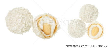 round candy raffaello with coconut flakes and nut isolated on white background. Top view. Flat lay. round candy raffaello with coconut flakes and nut isolated on white background. Top view. Flat lay. 115898527