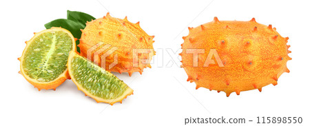 Kiwano or horned melon with leaf isolated on white background 115898550