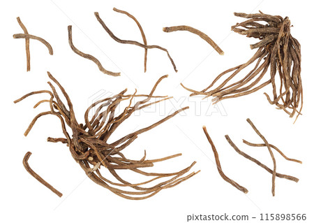 Dried Valerian root isolated on white background. Valeriana officinalis with full depth of field. Top view. Flat lay Dried Valerian root isolated on white background. Valeriana officinalis with full depth of field. Top view. Flat lay 115898566