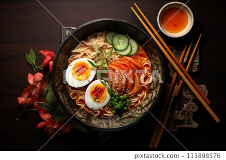 Freshly cooked delicious ramen soup in a beautiful plate on a background of spices, top view Freshly cooked delicious ramen soup in a beautiful plate on a background of spices, top view 115898576