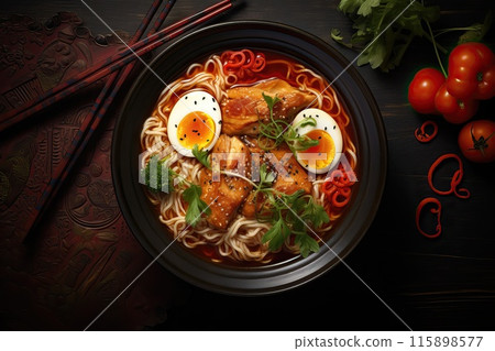 Freshly cooked delicious ramen soup in a beautiful plate on a background of spices, top view 115898577