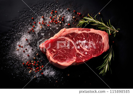 Fresh beef steak being prepared for frying on a background of spices Fresh beef steak being prepared for frying on a background of spices 115898585