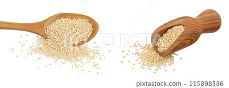 white quinoa seeds in wooden spoon isolated on white background with full depth of field. 115898586