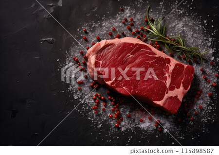 Fresh beef steak being prepared for frying on a background of spices Fresh beef steak being prepared for frying on a background of spices 115898587