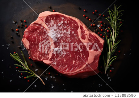 Fresh beef steak being prepared for frying on a background of spices Fresh beef steak being prepared for frying on a background of spices 115898590