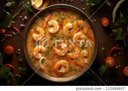 Appetizing soup with shrimp on a background of spices and vegetables 115898607