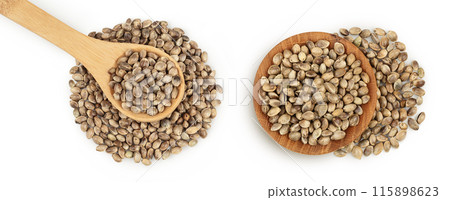 Hemp seeds in wooden spoon isolated on white background with full depth of field. Top view. Flat lay. 115898623