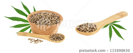 Hemp seeds in wooden bowl isolated on white background with full depth of field 115898630