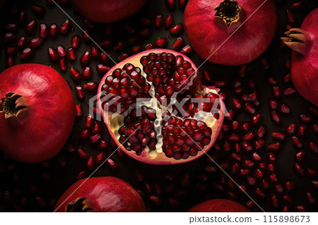 Fresh appetizing pomegranates on a dark background 115898673