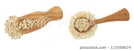 Sorghum seeds in wooden scoop isolated on white background. Top view. Flat lay. 115898674