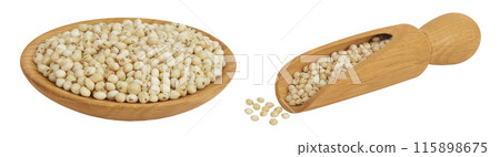 Sorghum seeds in wooden bowl isolated on white background with full depth of field. Sorghum seeds in wooden bowl isolated on white background with full depth of field. 115898675