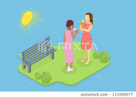 3D Isometric Flat Vector Illustration of Summertime, Young Women Delights in Summer Sipping Cold Refreshing Drink While Walking in Park 115899077