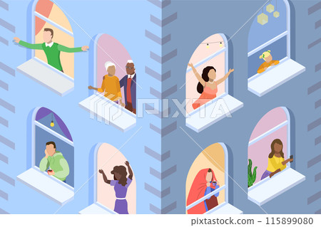 3D Isometric Flat Vector Illustration of House Windows With People , Good neighborhood 115899080