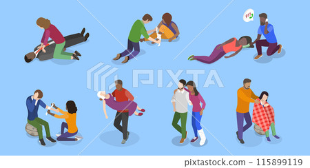 3D Isometric Flat Vector Illustration of Medical First Aid, Emergency procedures, and rescue scenarios 3D Isometric Flat Vector Illustration of Medical First Aid, Emergency procedures, and rescue scenarios 115899119