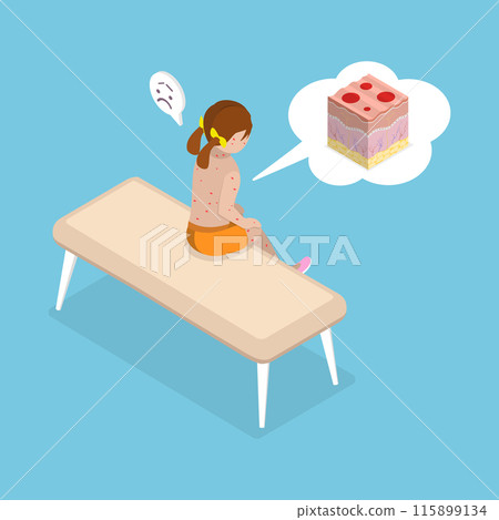 3D Isometric Flat Vector Illustration of Chickenpox, A kid with rash on back suffering from dermatitis and poor health. 115899134