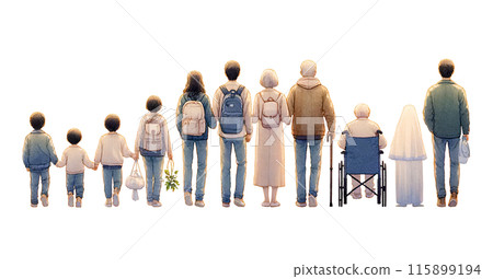 家族,家人,親戚,血統。代表人生階段的人的背影 家族,家人,親戚,血統。代表人生階段的人的背影 115899194