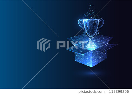 Victory, success, achievement futuristic conceptual image with trophy cup emerging from open box  115899206