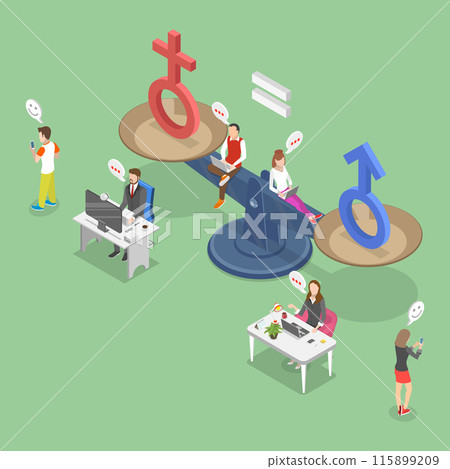 3D Isometric Flat Vector Illustration of Gender Equality, Man and woman collaborating on balanced scales. 115899209