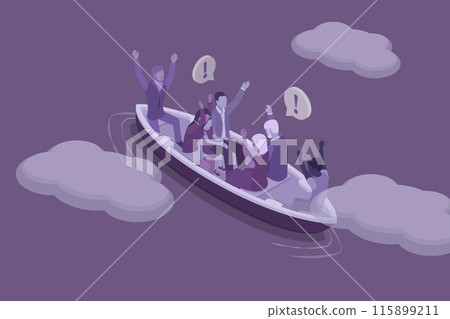 3D Isometric Flat Vector Illustration of Refugee People, Silhouettes of Refugees on Boat in Stormy Seas 115899211