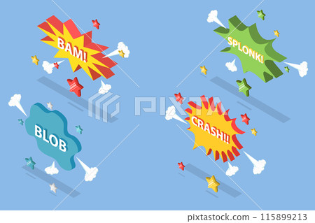 3D Isometric Flat Vector Illustration of Comic Sound Effects , Speech Bubbles with Dot Pattern 115899213