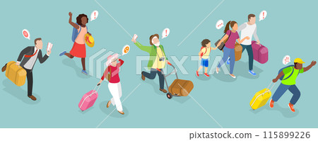3D Isometric Flat Vector Illustration of Hurrying Tourists, Fast-Paced Visitors in a Hurry 115899226