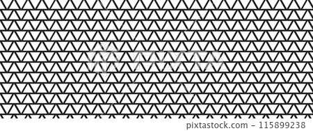 Perforated or corrugated surface with triangular holes. Repeating black triangle shapes on white background. Peg board, radiator or speaker grid texture. Mosaic pattern. Vector graphic illustration 115899238