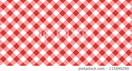 Red and white diagonal gingham or vichy pattern. Textile design. Traditional tablecloth, picnic plaid, basket napkin, towel or handkerchief print. Checkered background. Vector flat illustration Red and white diagonal gingham or vichy pattern. Textile design. Traditional tablecloth, picnic plaid, basket napkin, towel or handkerchief print. Checkered background. Vector flat illustration 115899260