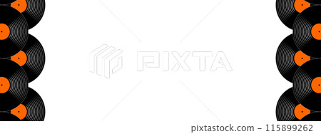 Repeating vinyl records banner. Gramophone LP or long play music discs borders with empty space in center. 70s 80s 90s discotheque nostalgia background. Techno party concept. Vector flat illustration Repeating vinyl records banner. Gramophone LP or long play music discs borders with empty space in center. 70s 80s 90s discotheque nostalgia background. Techno party concept. Vector flat illustration 115899262