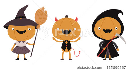 Cute pumpkin characters in a variety of Halloween costumes. Vector illustration 115899267
